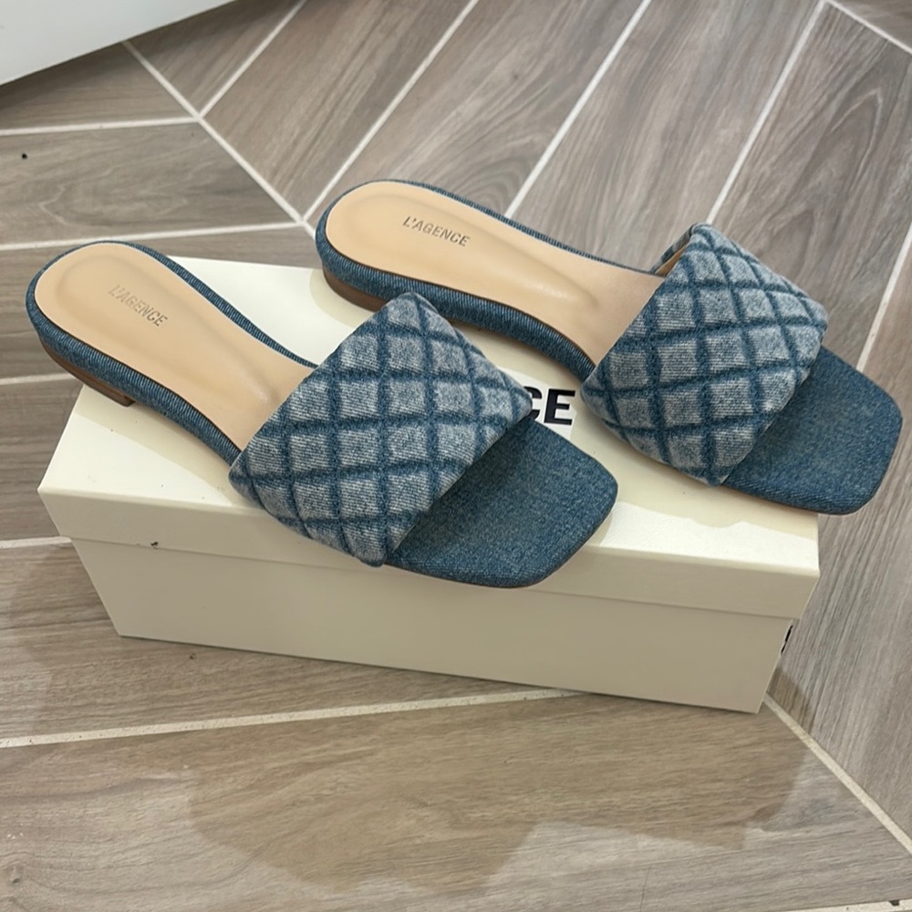 L’AGENCE Denim Blue Slide Sandals for Women